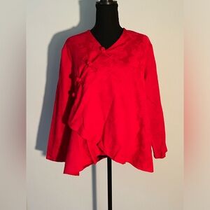 Minibee Linen Cotton Red Floral Front Clasp Wrap Blouse Women’s L New